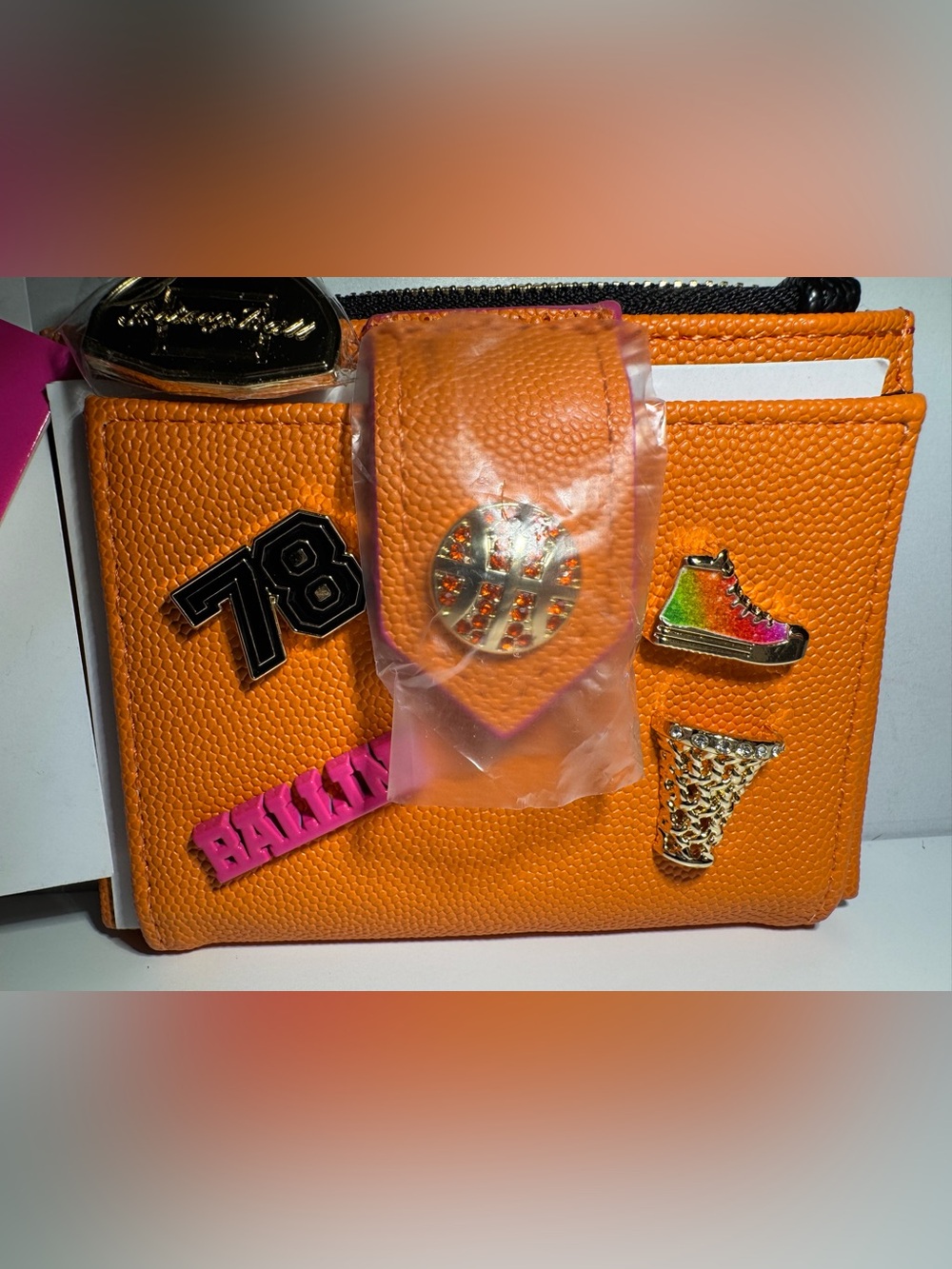 Betsey Johnson "Don't Block Me" Basketball Bifold Wallet in orange - Picture 2 of 6